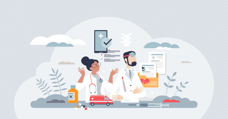 Care coordination and medical health therapy organization tiny person concept. Medicine system with nurse and doctor teamwork for effective patient treatment and complex approach vector illustration.