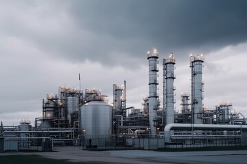 modern petrochemical plant with reactors and converters under heavy sky with copyspace