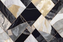 Abstract Marble Mosaic Background, Art Deco Wallpaper, Artificial Stone Texture, Black White Gold Marbled Tile, Geometrical Fashion Marbling, Generative AI