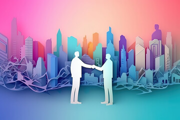 Business man in the city background, colorful. Business handshaking, successful concept. Paper cut craft, 3d paper illustration style. Generative AI