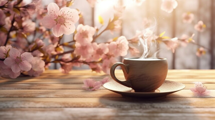 Sticker - Coffee cup wooden table with flowers spring season calm relax coffee hot generative,Generative AI