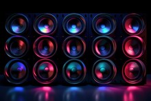 Design For Group Of Sound Speakers In Neon Light On Black. Generative Ai