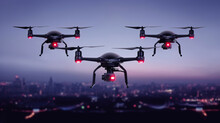 Three black scout drones fly over the city at night. AI generation