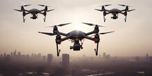 Three black drones fly over the town in the morning sunlight. AI generation