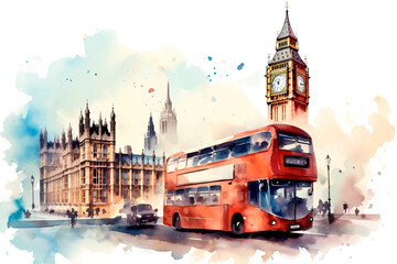  London Big Ben and double decker bus on watercolor painting background.AI Generated 
