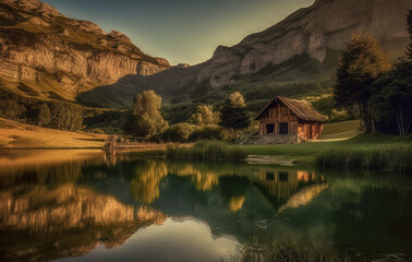 Poster - a wood cottage is located on a lake in the mountains