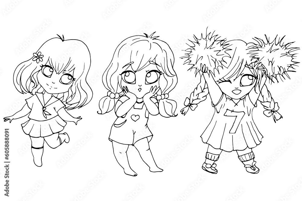vector coloring page with cute cartoon girl. avatar, line art Stock ...
