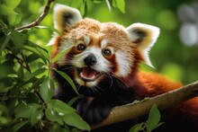 AI Generated Image Of A Young, Smiling Red Panda Resting In A Tree