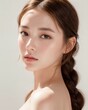 Portrait of beautiful japanese women with french braid wearing ballet dress, simple studio background, by generative AI