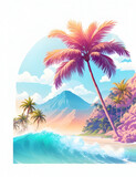 Fototapeta  - Palm tree in digital painting style with Generated AI , beautiful flowers, sunrise mountains and clouds , big sea waves, water splashes, white background, colorful fantasy flower sorround.