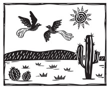 Landscape With Scorching Sun, Couple Of Birds Flying And Many Cacti In Northeastern Brazil. Woodcut Vector In Cordel Style
