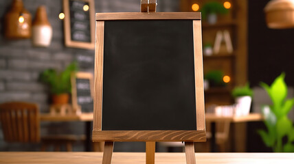 Wall Mural - Blank menu board on wooden top table with blurred of coffee shop background. Generative Ai