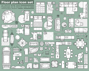 Floor plan icons set for design interior and architectural project (view from above). Furniture thin line icon in top view for layout. Blueprint apartment. Vector