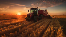 A Tractor Harvesting Wheat Starch In The Sunset On A Country Field. Generative Ai