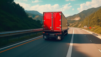 Truck on highway road with red container. Generative Ai