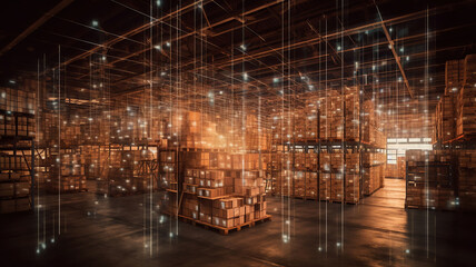 digital warehouse with electronic grids connected to a bar code scanner. Generative Ai