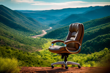 Office chair facing a beautiful natural landscape, suggesting a balance between work and relaxation. Generative AI