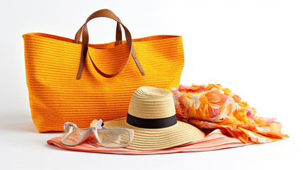 Wall Mural - Beach bag and towel with sunbathing accessories on white background. Generative Ai