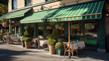 A Cafe With Beautiful Green Awnings And Chairs. Generative Ai