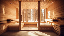 Front view of empty Finnish sauna room. Modern interior of wooden spa cabin with dry steam. Generative Ai