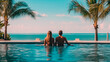 © Александр Марченко - Couple enjoying beach vacation holidays at tropical resort with swimming pool and coconut palm trees near the coast with beautiful landscape. Generative AI