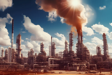 Wall Mural - Oil and gas refinery with distillation towers and smoking chimney