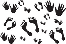 Human Hand And Foot Prints, Stylized Handprint And Footprint Trace. Black And White Icon, Vector Illustration.