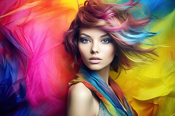 Wall Mural - High Fashion model woman in colorful bright lights posing in studio, portrait of beautiful sexy girl with trendy make-up and manicure. Art design, colorful make up. Generative AI