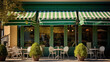a cafe with beautiful green awnings and chairs. Generative Ai