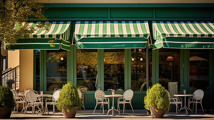 a cafe with beautiful green awnings and chairs. Generative Ai