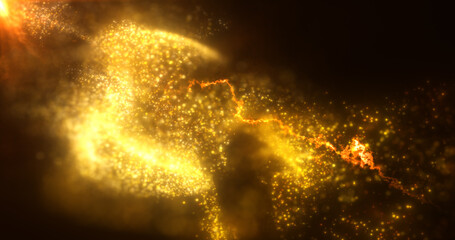 Wall Mural - Abstract background of orange yellow fiery flying energy particles of energy magic waves with glow effect and bokeh blur