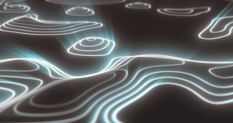 Wall Mural - Abstract futuristic hi-tech landscape with mountains and canyons from glowing energy circles and magic lines background