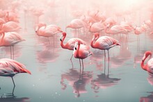 Group Of Flamingos In Water. Generative AI