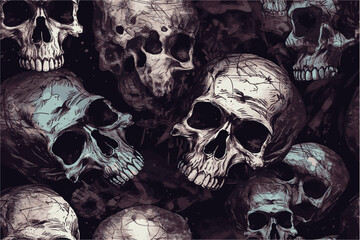 Dark hand drawn grunge skulls seamless pattern. Graphic print for clothing, fabric, wallpaper, wrapping paper