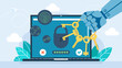 © Yurii - Protect your personal data on your laptop. The robot holds the keys in his hand. Data protection on PC. Protection of AI. Lock your data with your fingerprint, and face scan. Vector illustration