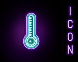 Poster - Glowing neon line Meteorology thermometer measuring heat and cold icon isolated on black background. Thermometer equipment showing hot or cold weather. Colorful outline concept. Vector