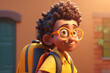 Portrait of cheerful cute schoolboy with afro hairstyle wearing glasses and backpack standing outdoors and looking away, back to school concept. Generative AI illustration