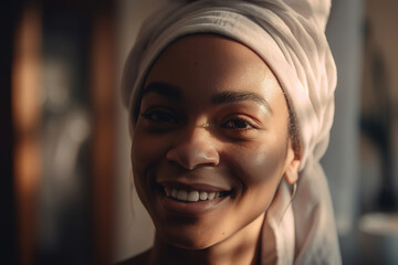 Hygiene self care, smiling beautiful young black woman with towel on her head in bathroom. Generative AI