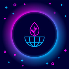 Poster - Glowing neon line Earth globe and plant icon isolated on black background. World or Earth sign. Geometric shapes. Environmental concept. Colorful outline concept. Vector