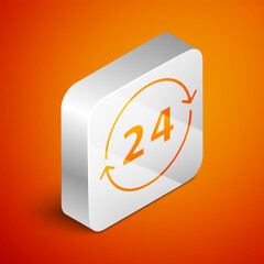 Sticker - Isometric Clock 24 hours icon isolated on orange background. All day cyclic icon. 24 hours service symbol. Silver square button. Vector