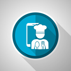 Poster - Mobile phone, online restaurant, chef symbol, flat design vector blue icon with long shadow