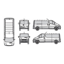 Minibus Car Outline, Vintage 2001 Year, Isolated White Background, Front, Back, Top And Side View, Part 5
