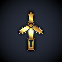 Sticker - Gold Wind turbine icon isolated on black background. Wind generator sign. Windmill for electric power production. Vector