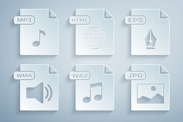 Sticker - Set WAV file document, EPS, WMA, JPG, HTML and MP3 icon. Vector