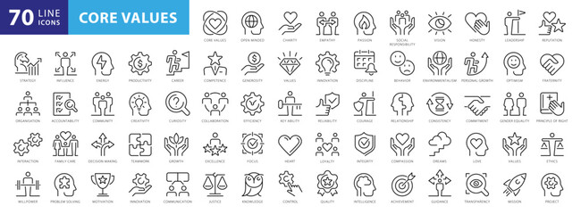 Core values 70 icon set. Full Vector Outline Style Icons. Vector Stock illustration