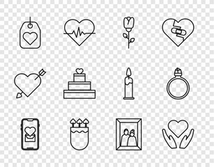 Sticker - Set line Mobile with heart, Heart in hand, Flower rose, Quiver arrows, tag, Wedding cake, Picture frame and Diamond engagement ring icon. Vector