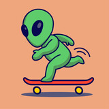 Fototapeta Dinusie - Cute cartoon alien rides a skateboard. Vector illustration in flat style