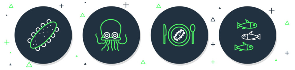 Canvas Print - Set line Octopus, Served cucumber on a plate, Sea and Fishes icon. Vector