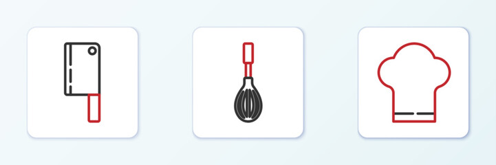 Sticker - Set line Chef hat, Meat chopper and Kitchen whisk icon. Vector