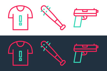 Wall Mural - Set line Pistol or gun, T-shirt protest and Baseball bat with nails icon. Vector